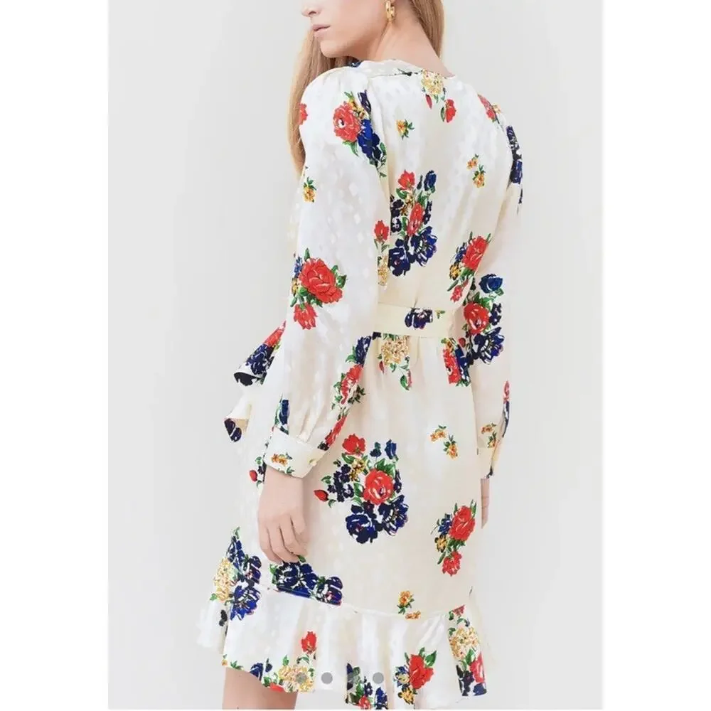 Tory Burch Printed Silk Wrap Dress Ivory Tea Rose Size 8 Floral Luxury Ruffle